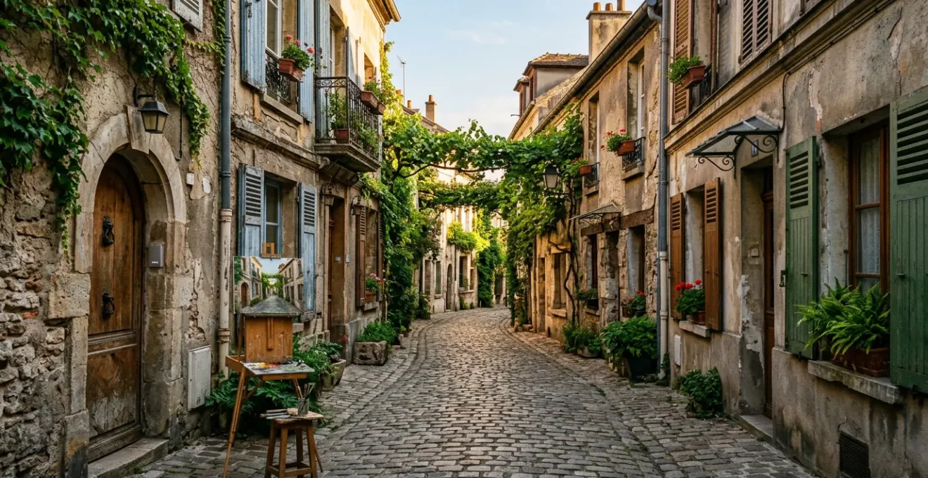 Ruelle pavée secrète de Montmartre avec atelier d'artiste et végétation