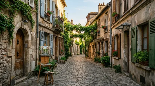 Ruelle pavée secrète de Montmartre avec atelier d'artiste et végétation