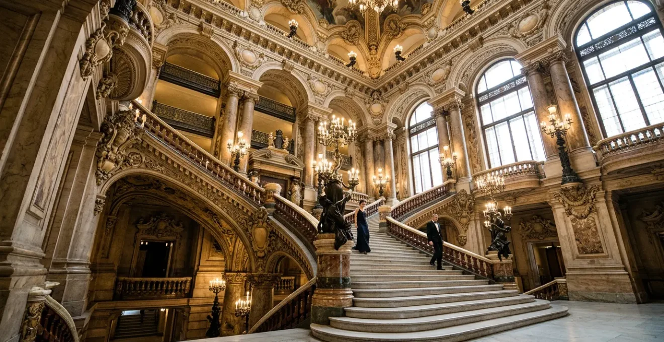 Vue comparative des intérieurs somptueux de l'Opéra Garnier et de l'architecture moderne de l'Opéra Bastille à Paris