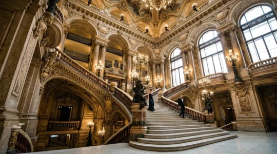 Vue comparative des intérieurs somptueux de l'Opéra Garnier et de l'architecture moderne de l'Opéra Bastille à Paris