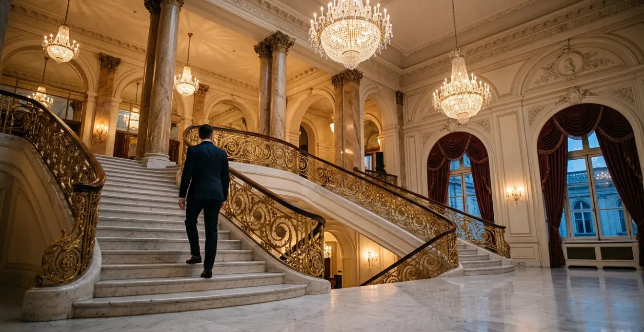Hall majestueux d'un palace parisien avec escalier en marbre et lustres en cristal