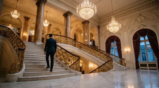 Hall majestueux d'un palace parisien avec escalier en marbre et lustres en cristal