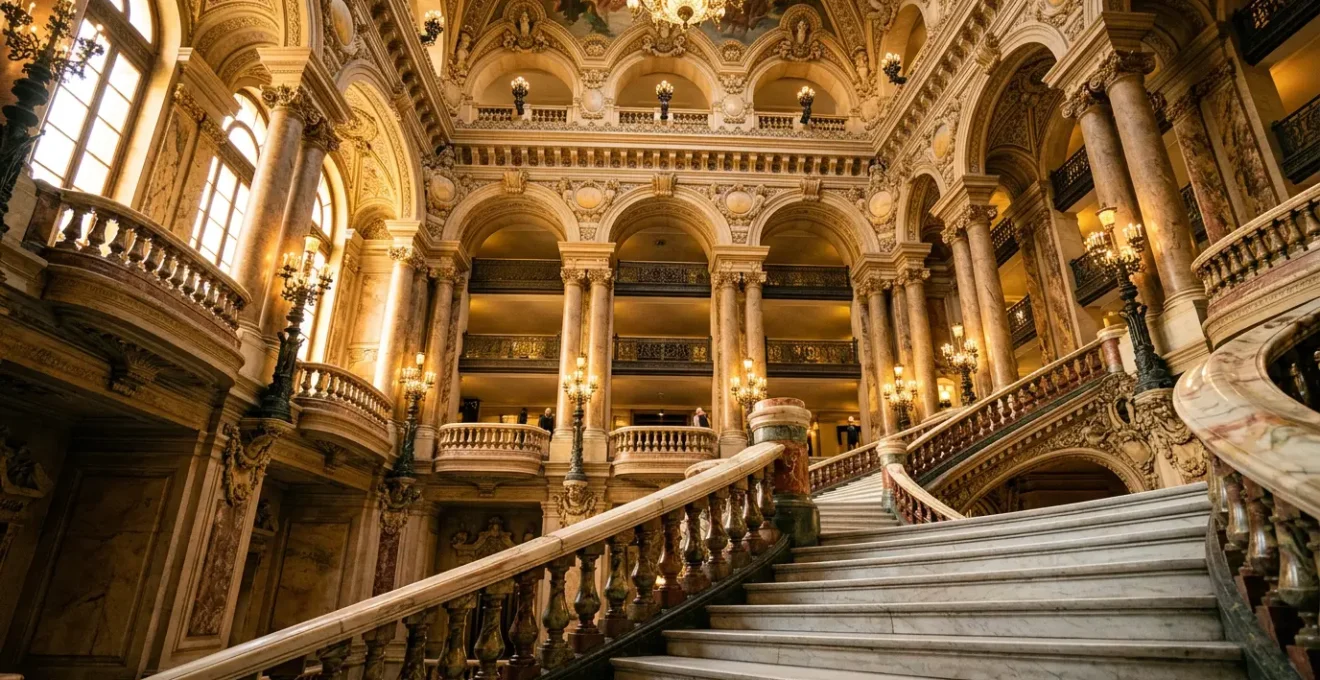 Vue majestueuse du grand escalier du Palais Garnier avec ses marbres polychromes et dorures baroques