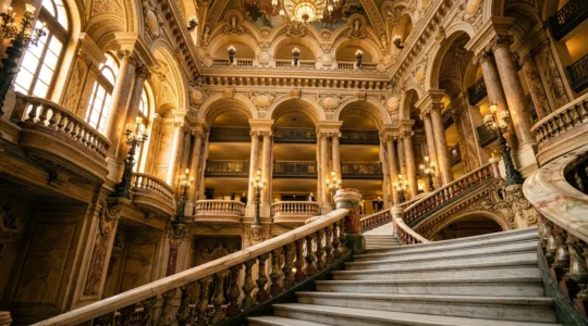 Vue majestueuse du grand escalier du Palais Garnier avec ses marbres polychromes et dorures baroques