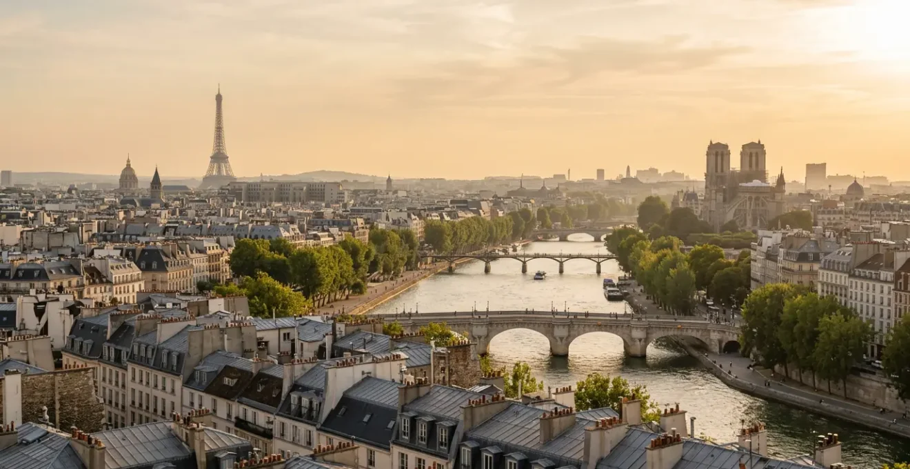 Vue panoramique de Paris en été avec monuments emblématiques sous ciel doré