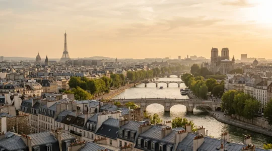 Vue panoramique de Paris en été avec monuments emblématiques sous ciel doré