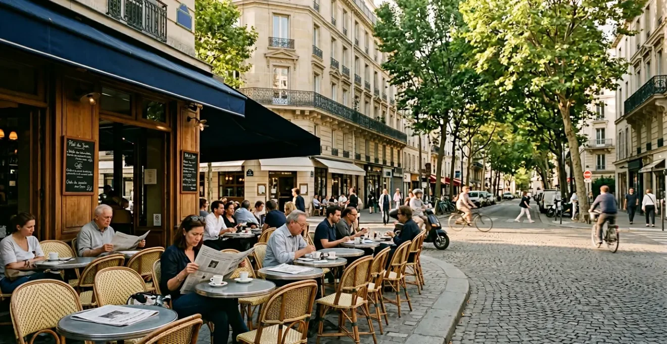 Vue d'une terrasse de café parisien dans un quartier authentique avec des habitants locaux