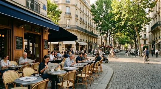 Vue d'une terrasse de café parisien dans un quartier authentique avec des habitants locaux