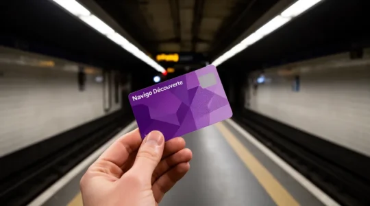 Carte Pass Navigo Découverte en main devant un quai de métro parisien avec des voyageurs floutés en arrière-plan