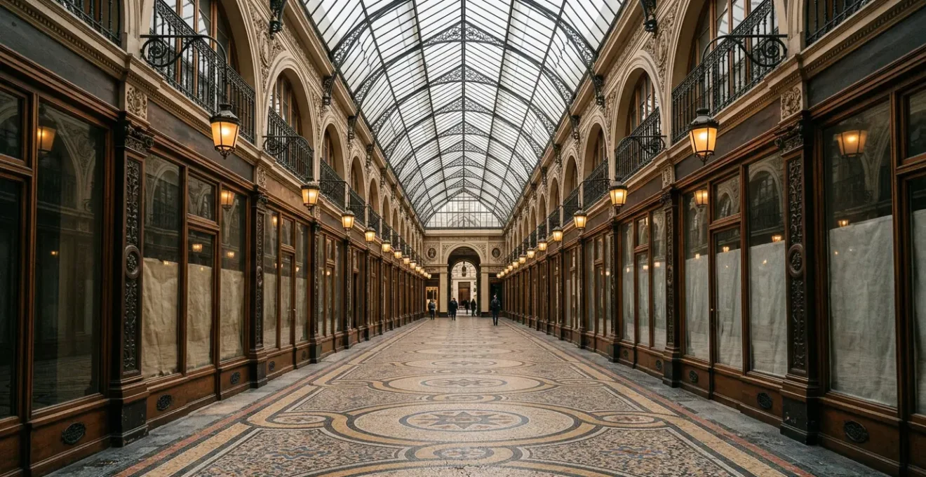 Verrière lumineuse d'un passage couvert parisien avec mosaïques au sol et boutiques anciennes