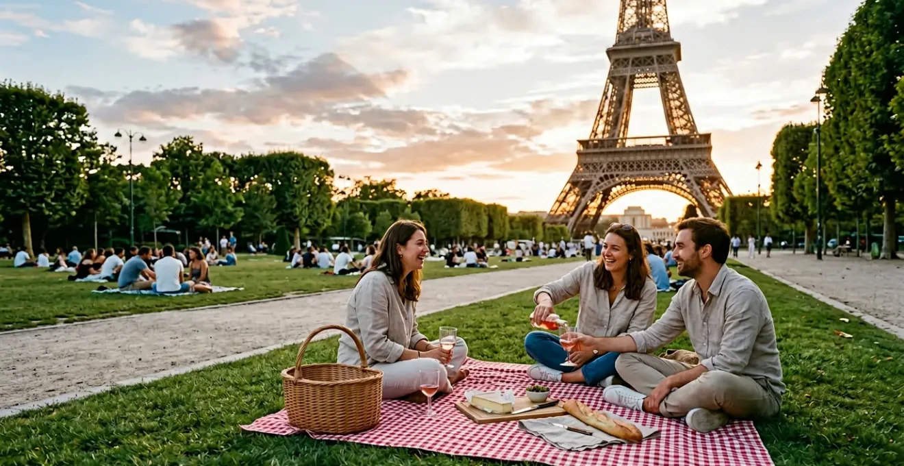 Groupe de personnes profitant d'un pique-nique sur les pelouses du Champ-de-Mars au coucher du soleil avec la Tour Eiffel illuminée en arrière-plan