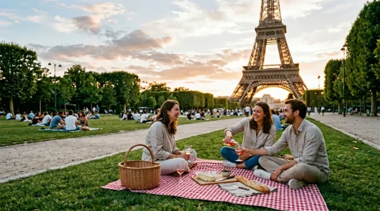 Groupe de personnes profitant d'un pique-nique sur les pelouses du Champ-de-Mars au coucher du soleil avec la Tour Eiffel illuminée en arrière-plan