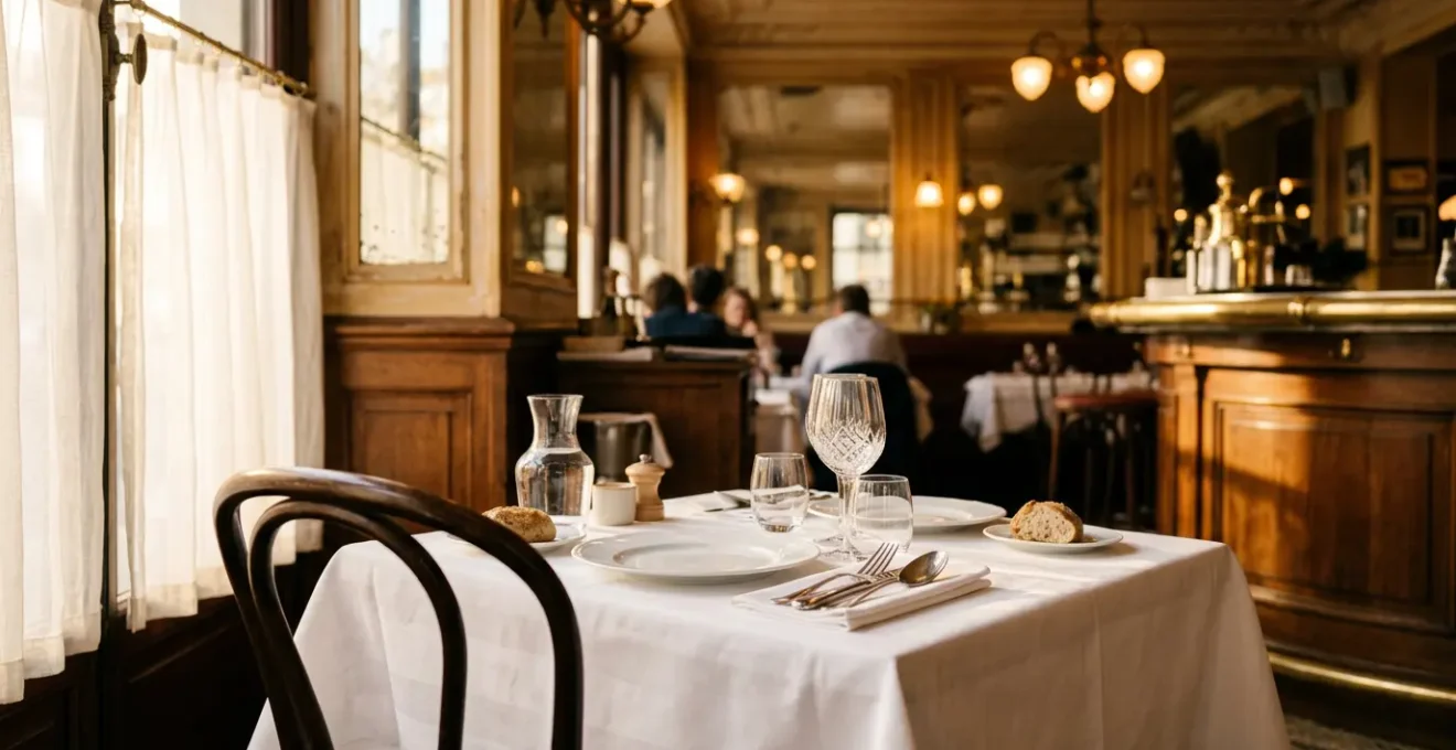 Salle de restaurant étoilé parisien avec ambiance feutrée et table élégamment dressée