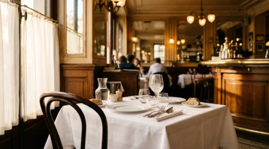 Salle de restaurant étoilé parisien avec ambiance feutrée et table élégamment dressée