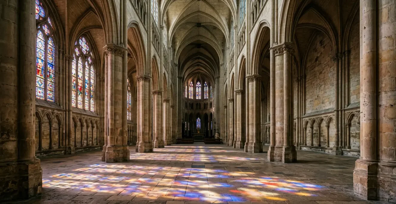 Intérieur lumineux avec vitraux gothiques colorés projetant des motifs géométriques bleus et rouges sur le sol de pierre, colonnes élancées s'élevant vers des voûtes d'ogives