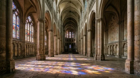 Intérieur lumineux avec vitraux gothiques colorés projetant des motifs géométriques bleus et rouges sur le sol de pierre, colonnes élancées s'élevant vers des voûtes d'ogives