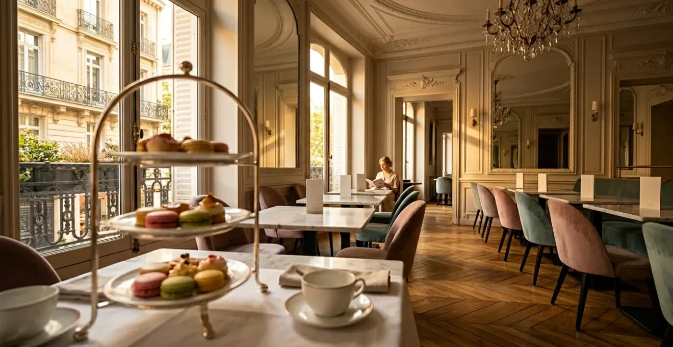 Salon de thé élégant avec pâtisseries raffinées et ambiance parisienne luxueuse