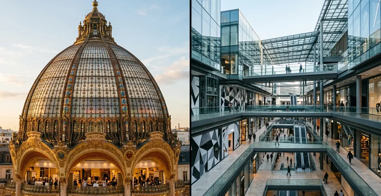 Vue aérienne contrastée des Galeries Lafayette avec leur coupole Art Nouveau et du Forum des Halles moderne, symbolisant le shopping luxe versus fast fashion