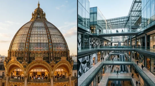 Vue aérienne contrastée des Galeries Lafayette avec leur coupole Art Nouveau et du Forum des Halles moderne, symbolisant le shopping luxe versus fast fashion