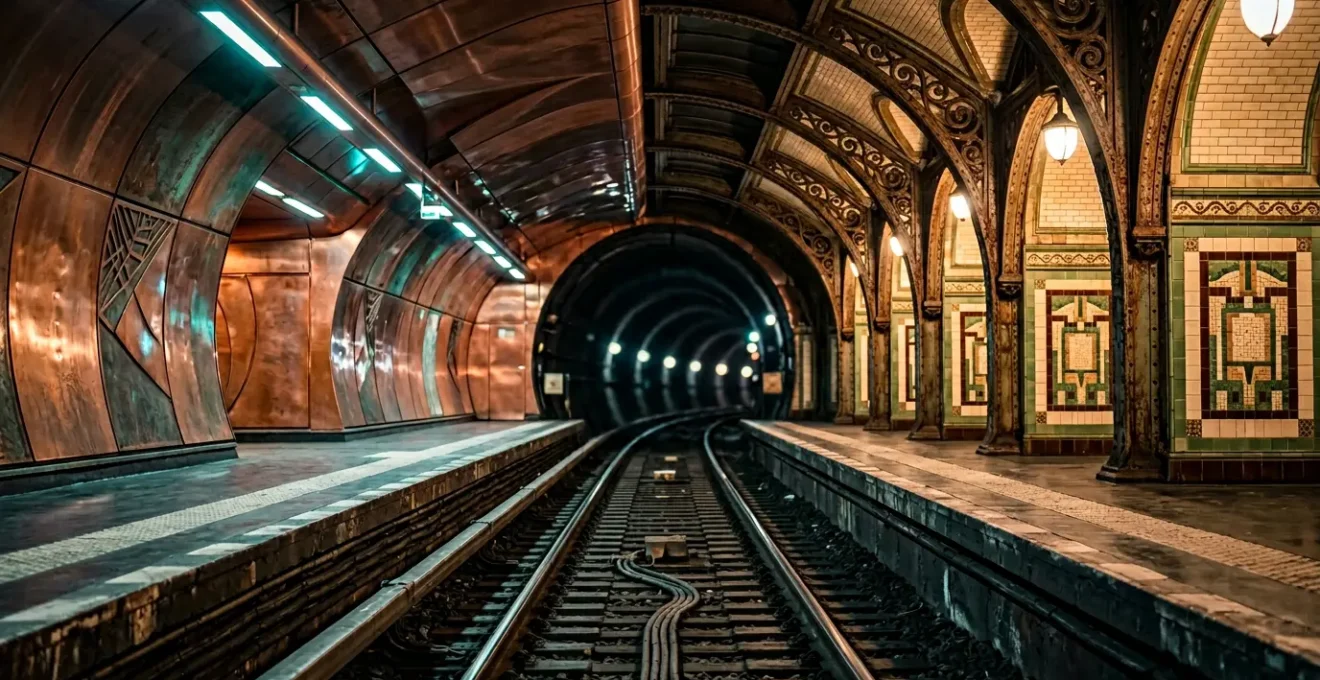 Vue artistique d'une station de métro parisienne avec architecture Art Nouveau et éléments contemporains