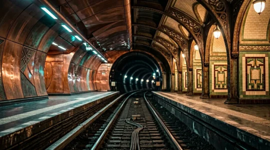 Vue artistique d'une station de métro parisienne avec architecture Art Nouveau et éléments contemporains