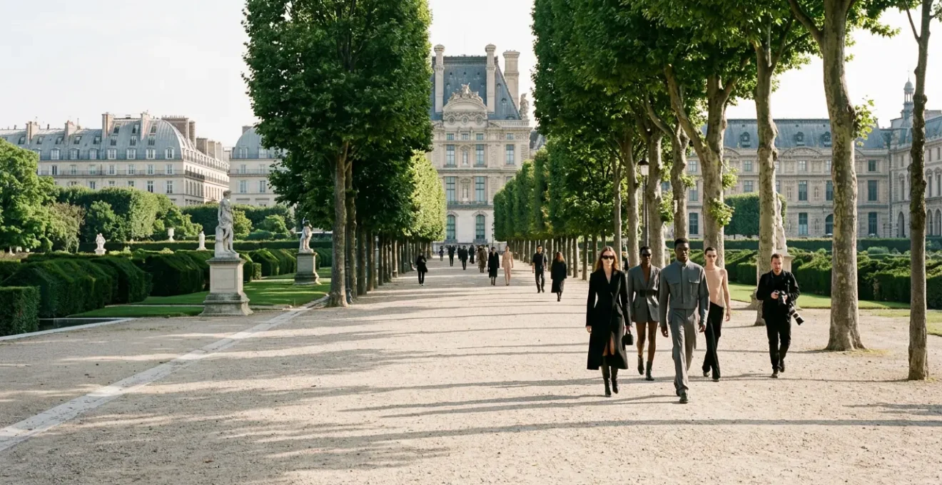 Photographe de street style capturant des looks fashion devant les Tuileries pendant la Fashion Week de Paris