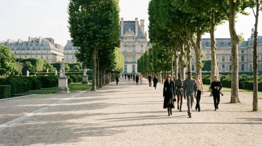 Photographe de street style capturant des looks fashion devant les Tuileries pendant la Fashion Week de Paris