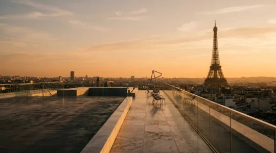 Vue panoramique depuis une terrasse de musée parisien avec la Tour Eiffel en arrière-plan