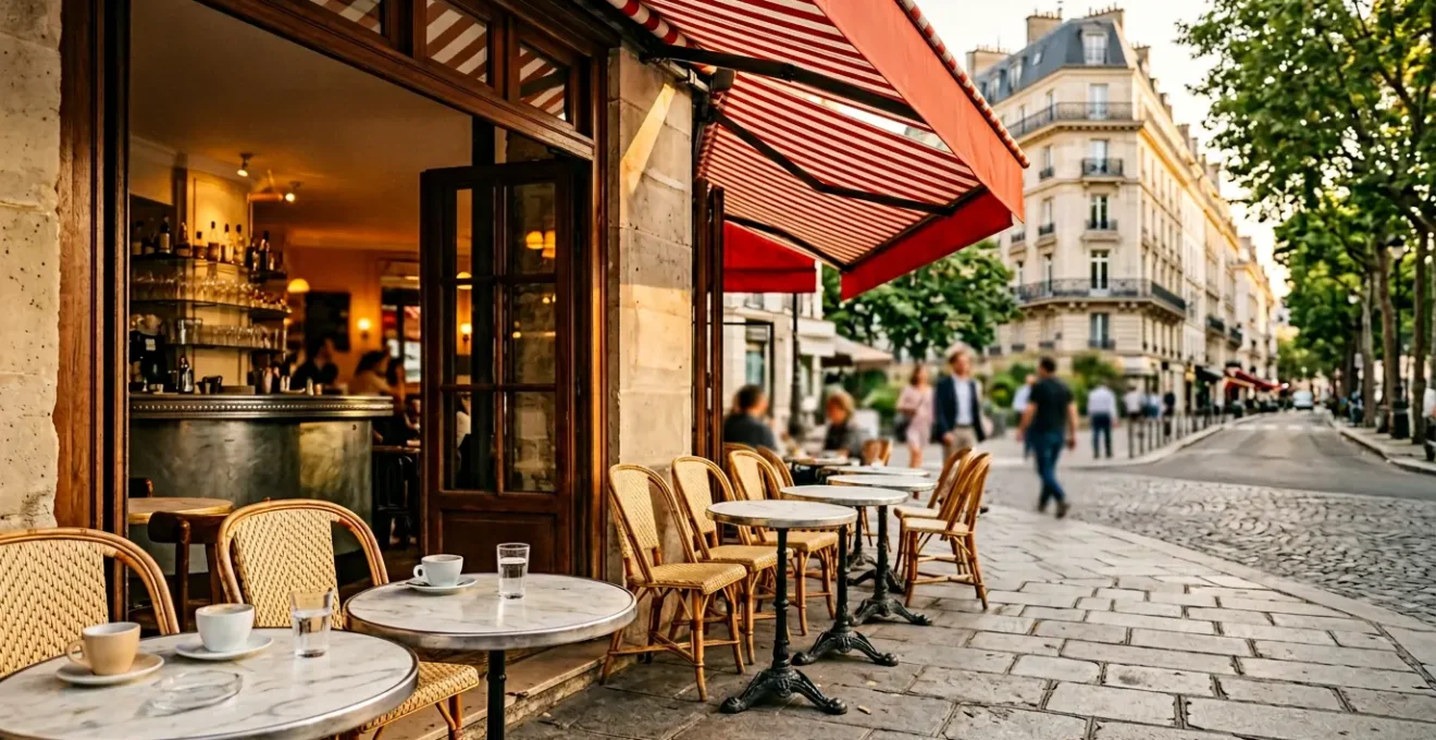 Vue d'une terrasse de bistrot parisien avec tables en fonte et chaises en rotin sous un auvent rouge