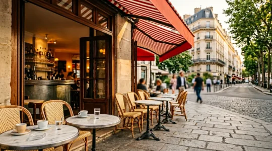 Vue d'une terrasse de bistrot parisien avec tables en fonte et chaises en rotin sous un auvent rouge