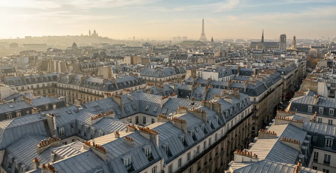 Vue aérienne des toits de zinc parisiens avec leurs nuances de gris caractéristiques et leurs cheminées en terre cuite alignées