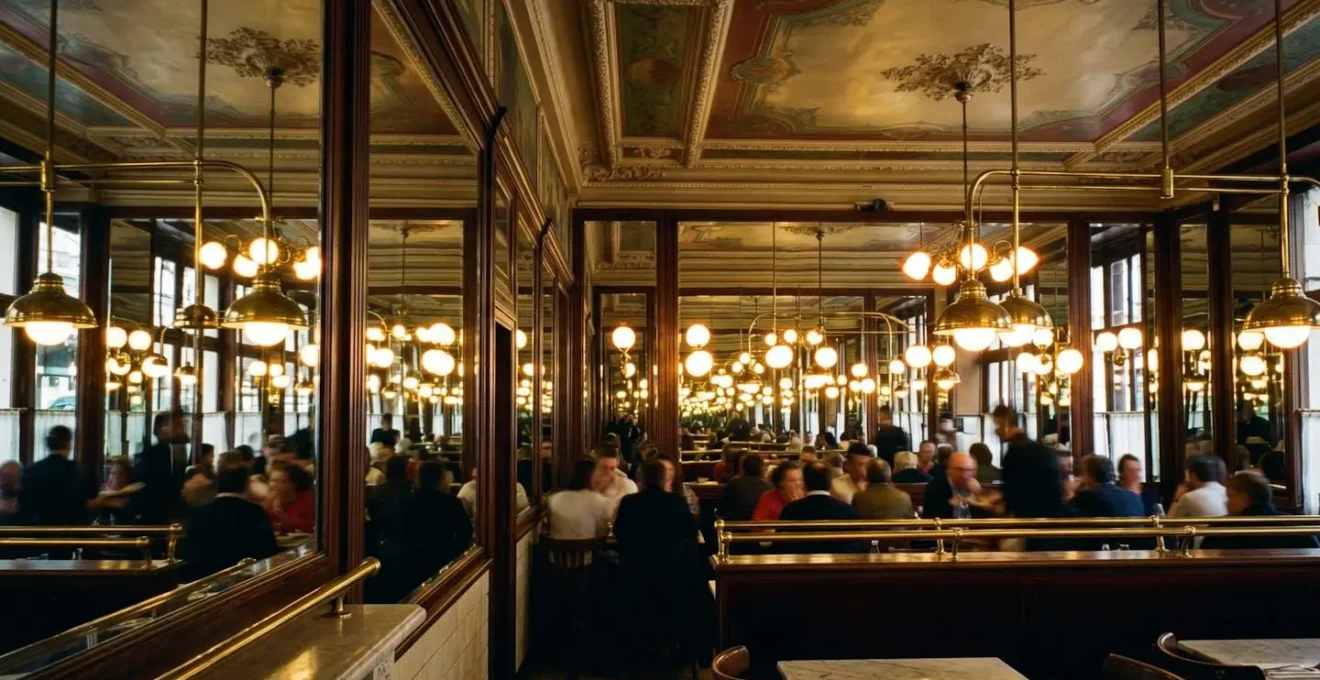 Détail architectural d'un bouillon montrant les hauts plafonds et miroirs créant une acoustique particulière