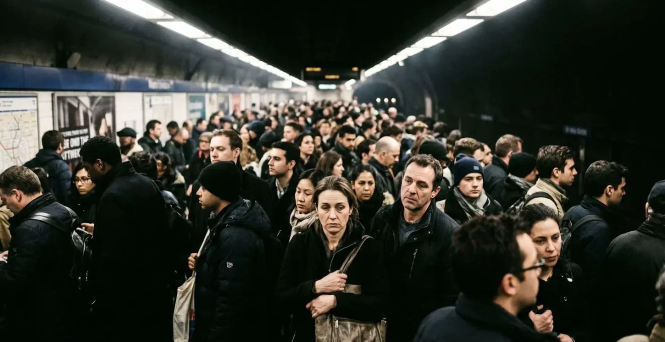 Foule dense sur un quai de métro parisien pendant l'heure de pointe avec des voyageurs attendant le train