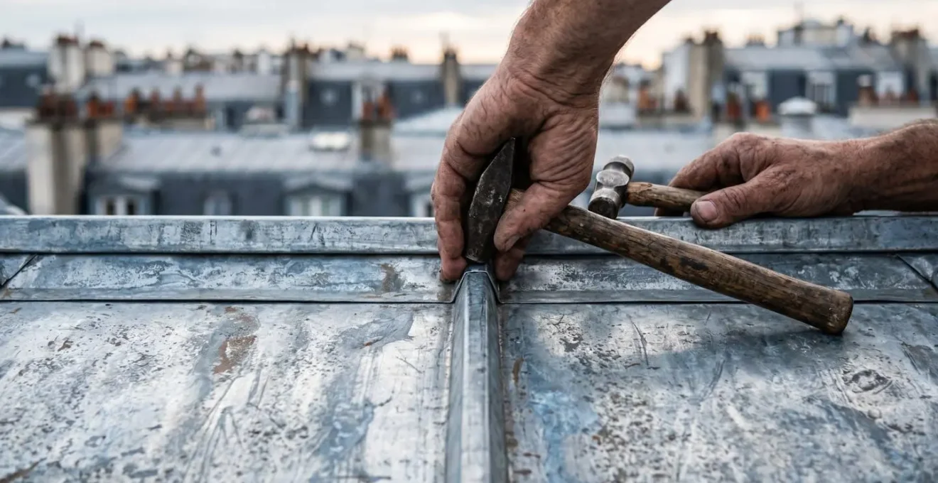 Gros plan sur les mains d'un artisan couvreur-zingueur travaillant le zinc sur un toit parisien