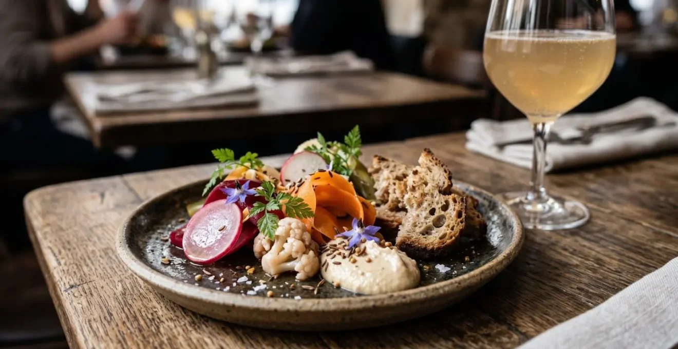 Assiette travaillée de bistronomie parisienne avec verre de vin nature