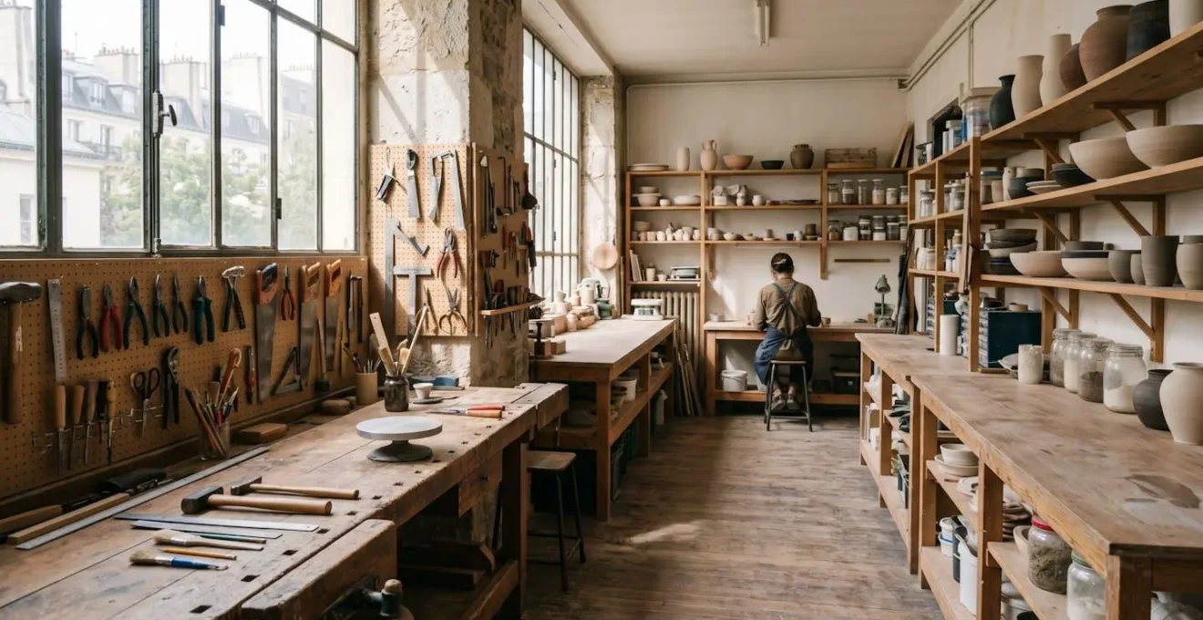 Vue large d'un atelier d'artisan parisien baigné de lumière naturelle avec établis et outils traditionnels