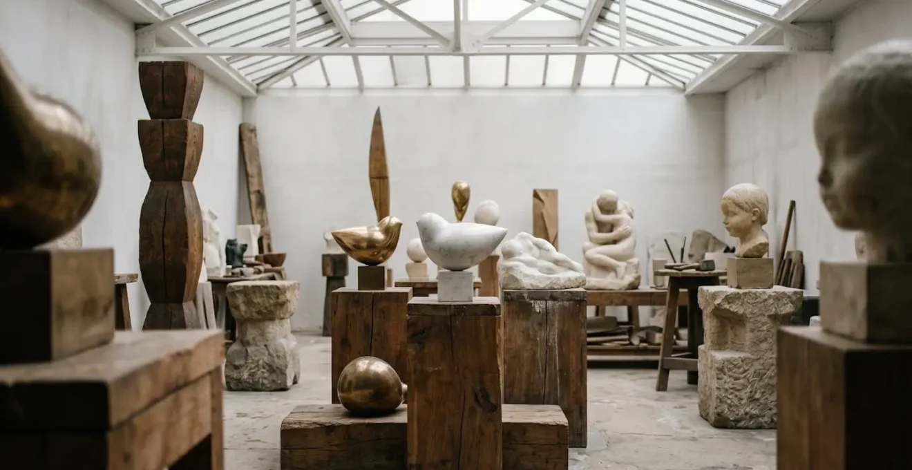Intérieur épuré de l'atelier Brancusi avec ses sculptures en bois et pierre disposées dans l'espace blanc lumineux