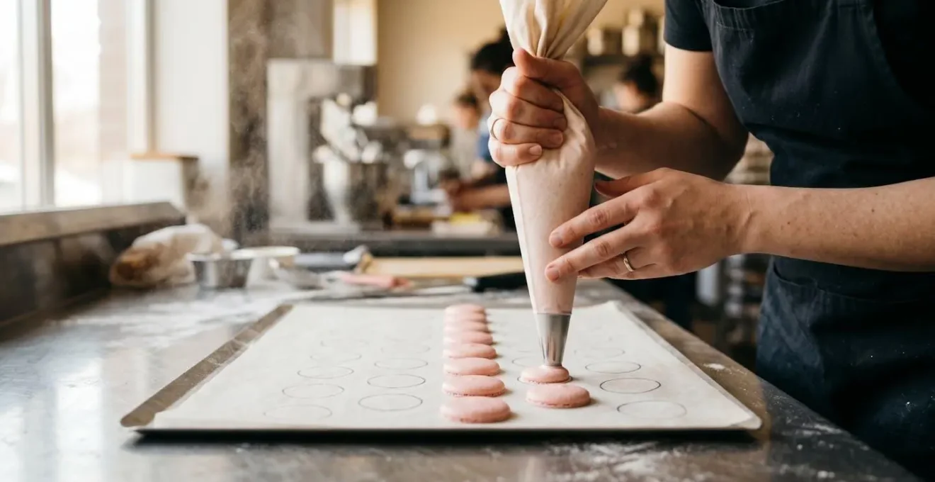 Mains de pâtissier utilisant une poche à douille pour former des macarons sur une plaque