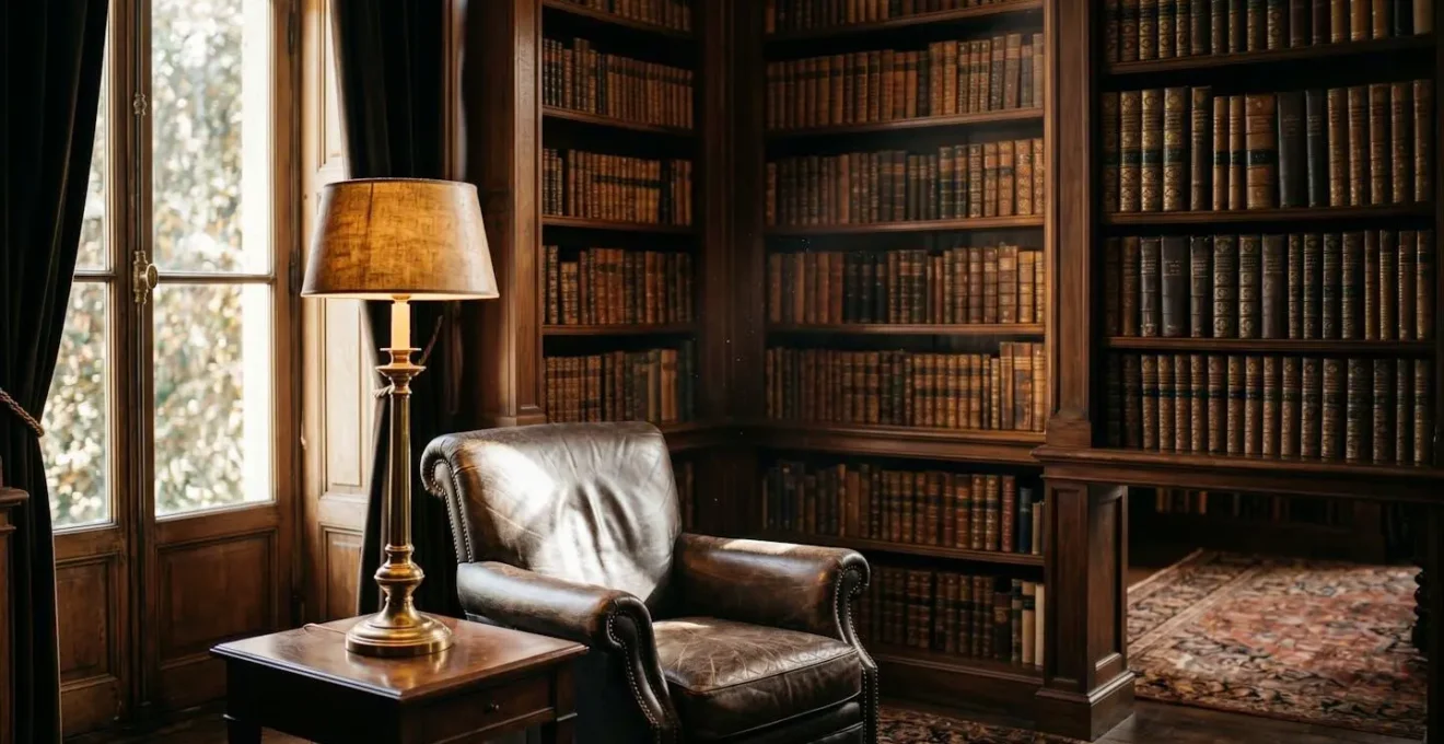 Bibliothèque ancienne avec livres reliés cuir dans un salon d'hôtel parisien éclairé par lumière naturelle