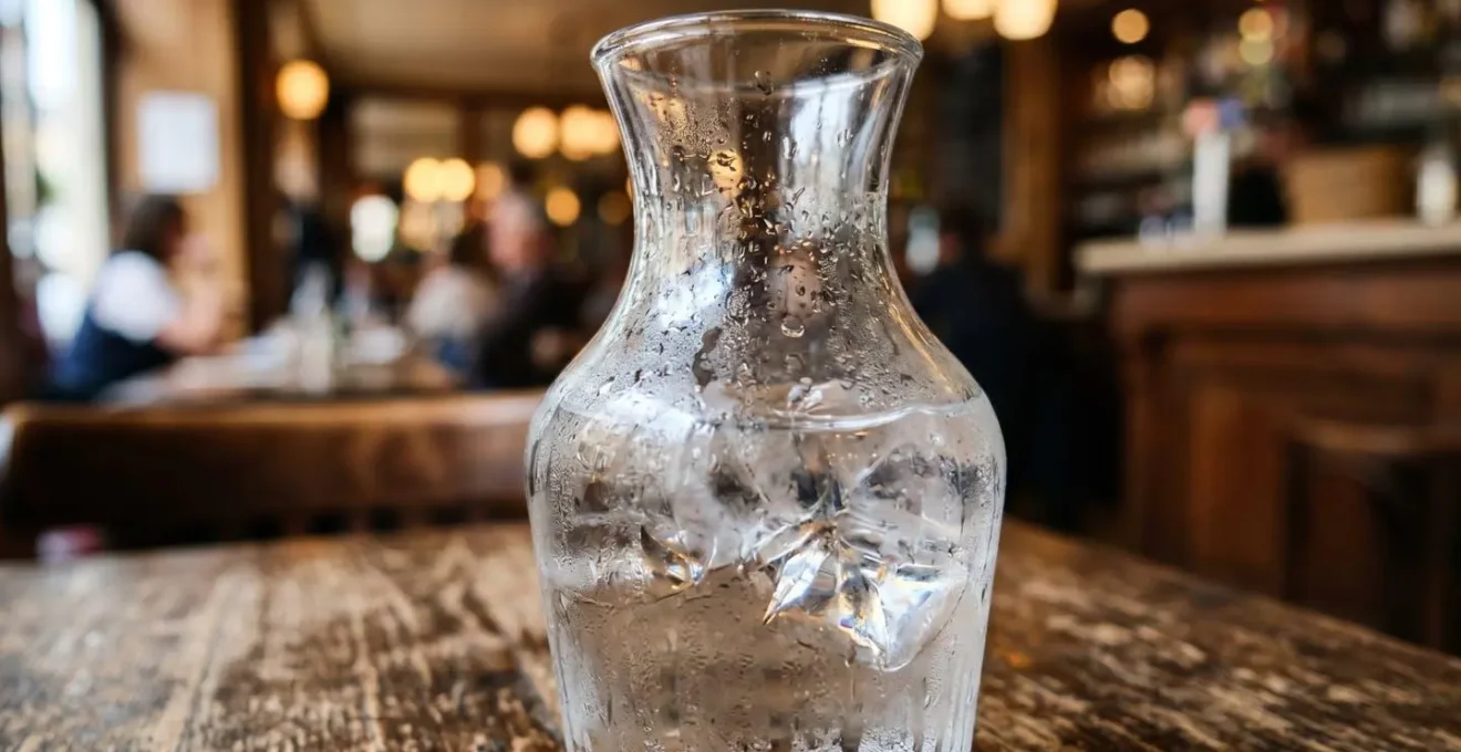 Carafe en cristal remplie d'eau fraîche sur une table de bistrot avec condensation visible