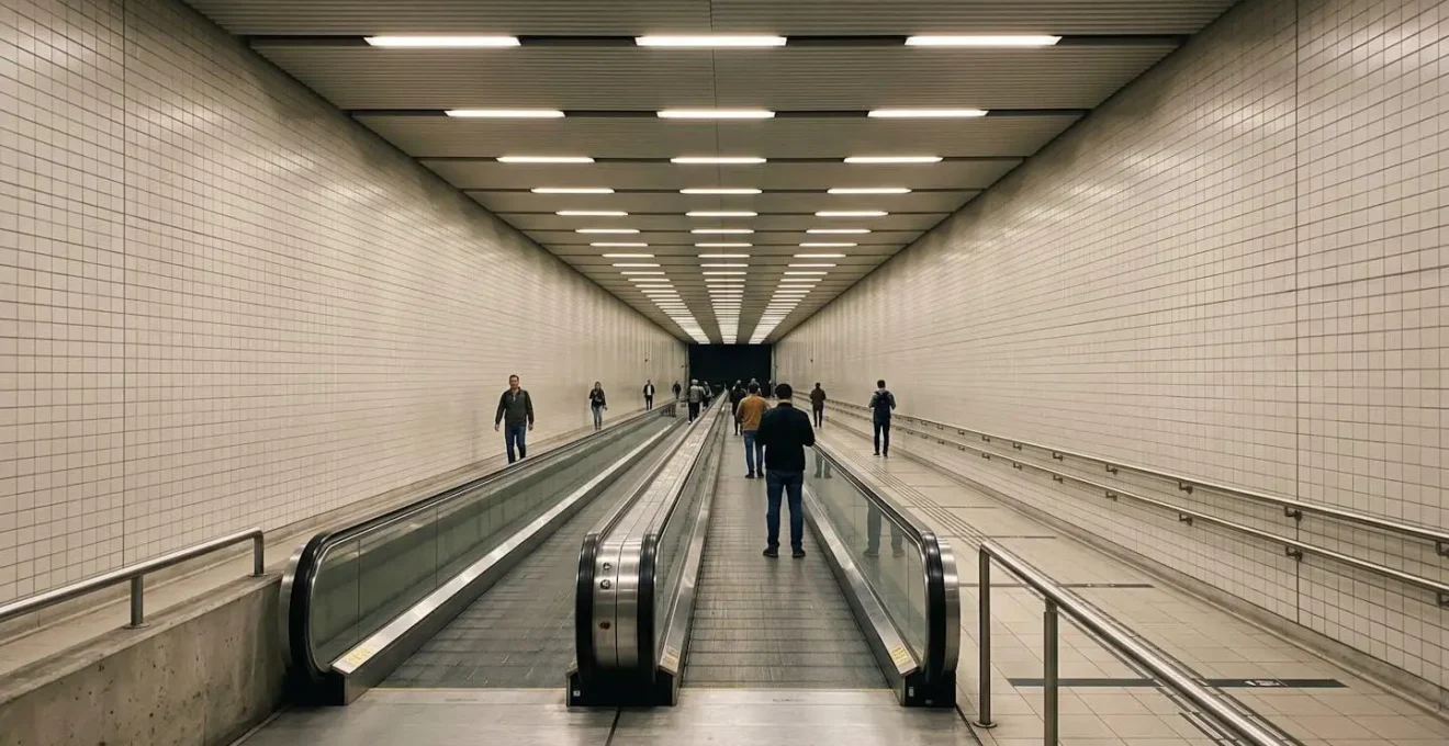 Long couloir de correspondance dans le métro parisien avec tapis roulant et voyageurs marchant