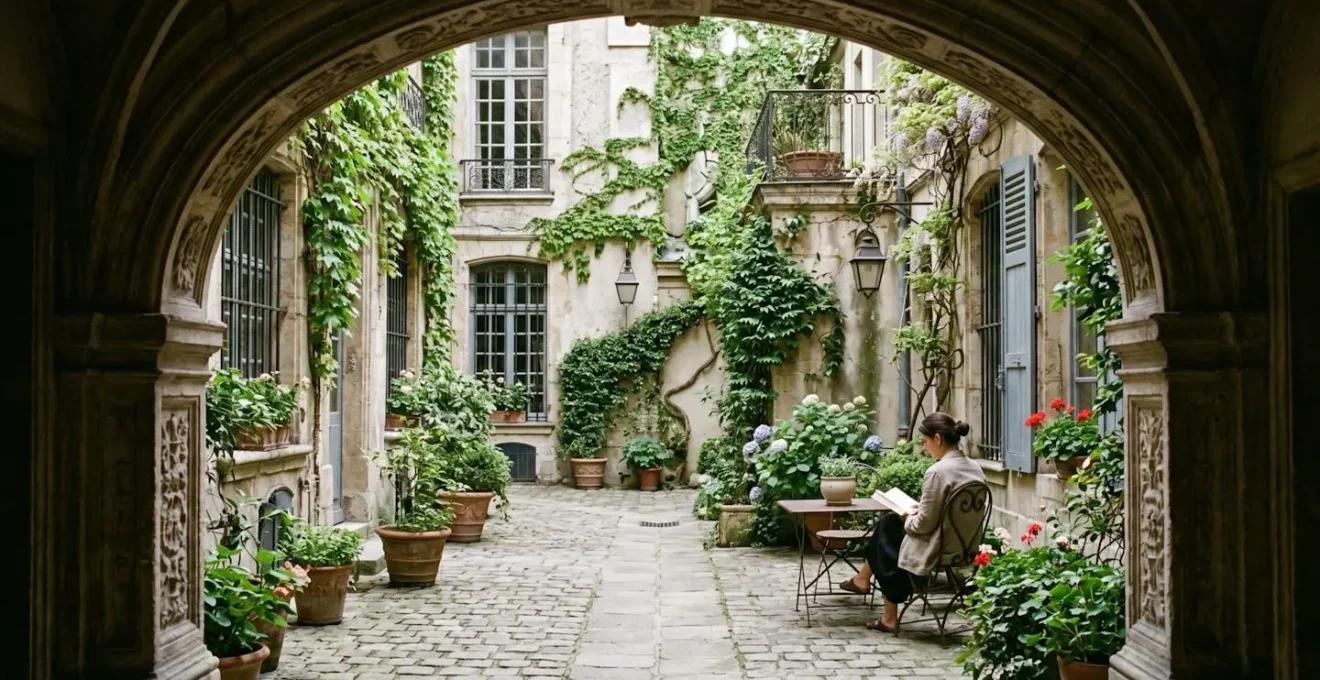 Cour pavée intérieure d'un hôtel particulier du Marais avec ses façades Renaissance et végétation