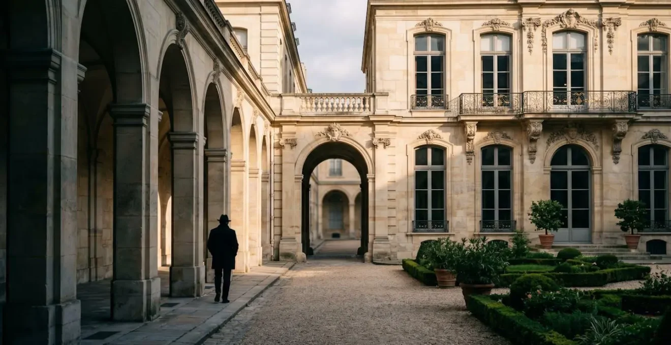 Cour intérieure paisible d'un hôtel particulier parisien avec jardins à la française et arcades ombragées
