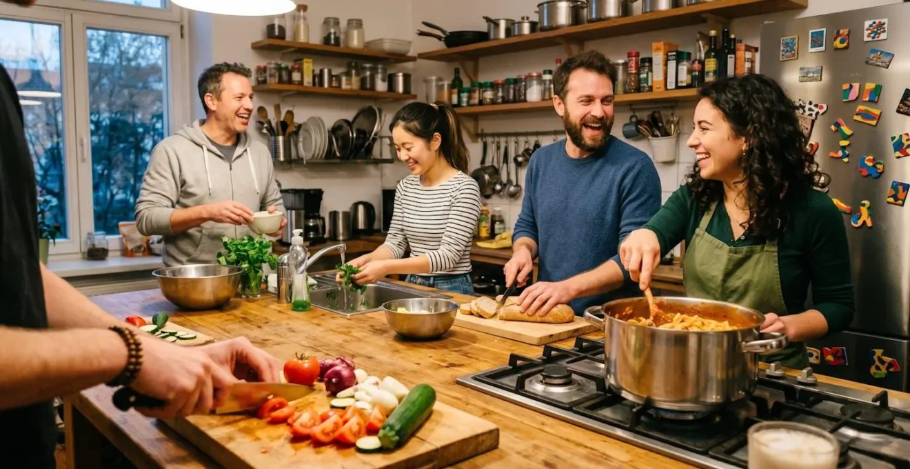 Cuisine commune d'auberge de jeunesse avec voyageurs préparant et partageant des repas