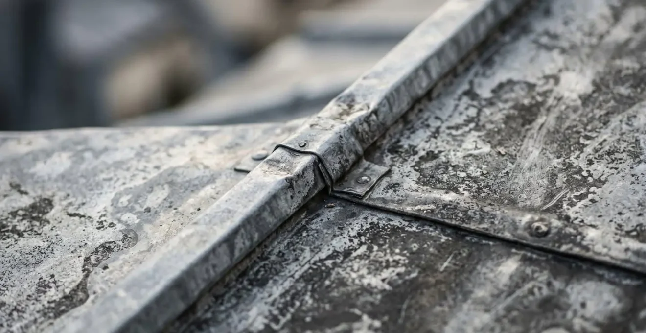 Texture en macro d'une plaque de zinc patinée sur un toit parisien avec ses joints caractéristiques