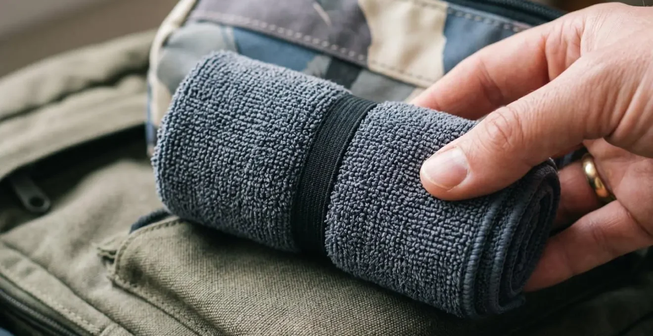 Gros plan sur une serviette microfibre compacte dans un sac de voyage