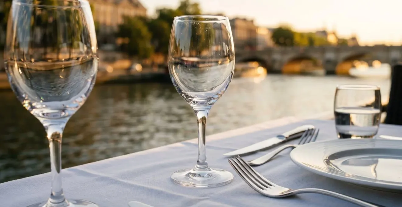 Table élégamment dressée sur le pont d'un bateau avec vue sur la Seine au crépuscule