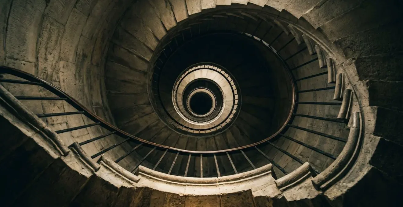 Vue en contre-plongée de l'escalier en colimaçon de l'Arc de Triomphe montrant sa structure hélicoïdale