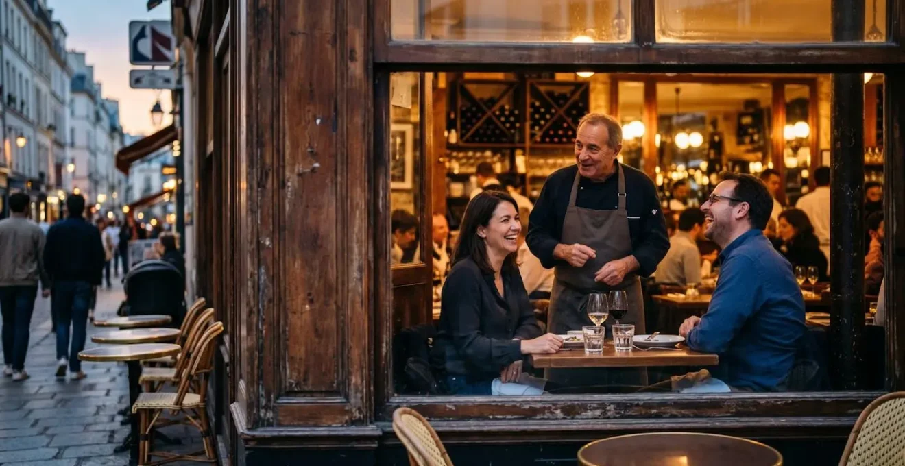 Devanture intimiste d'un bistrot parisien avec terrasse le soir