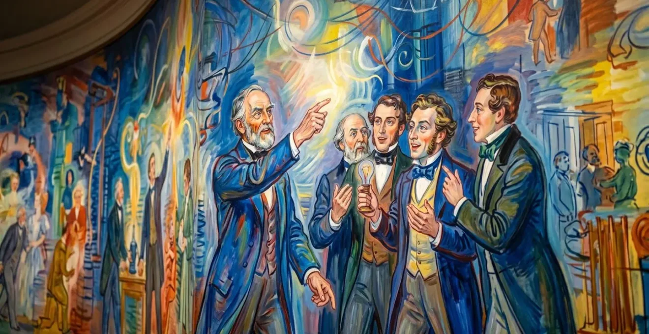 Détail de la fresque monumentale La Fée Électricité de Raoul Dufy avec ses couleurs vibrantes et ses personnages historiques